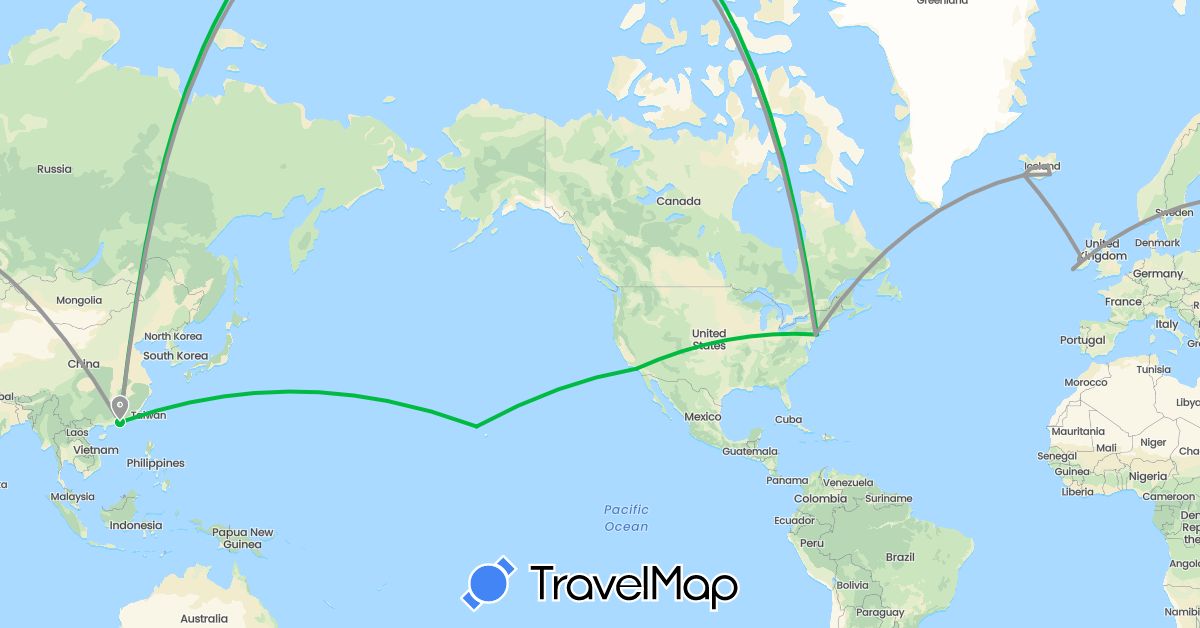 TravelMap itinerary: driving, bus, plane in Hong Kong, Ireland, Iceland, United States (Asia, Europe, North America)